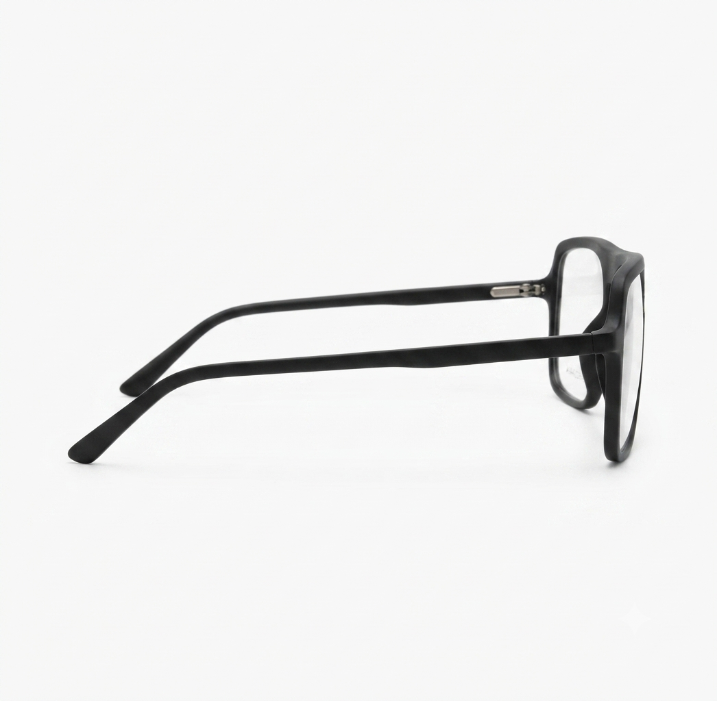 Side profile of premium matte black men's eyeglasses highlighting the temple design.