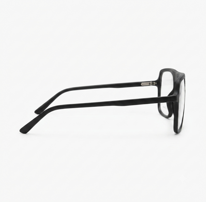Side profile of premium matte black men's eyeglasses highlighting the temple design.