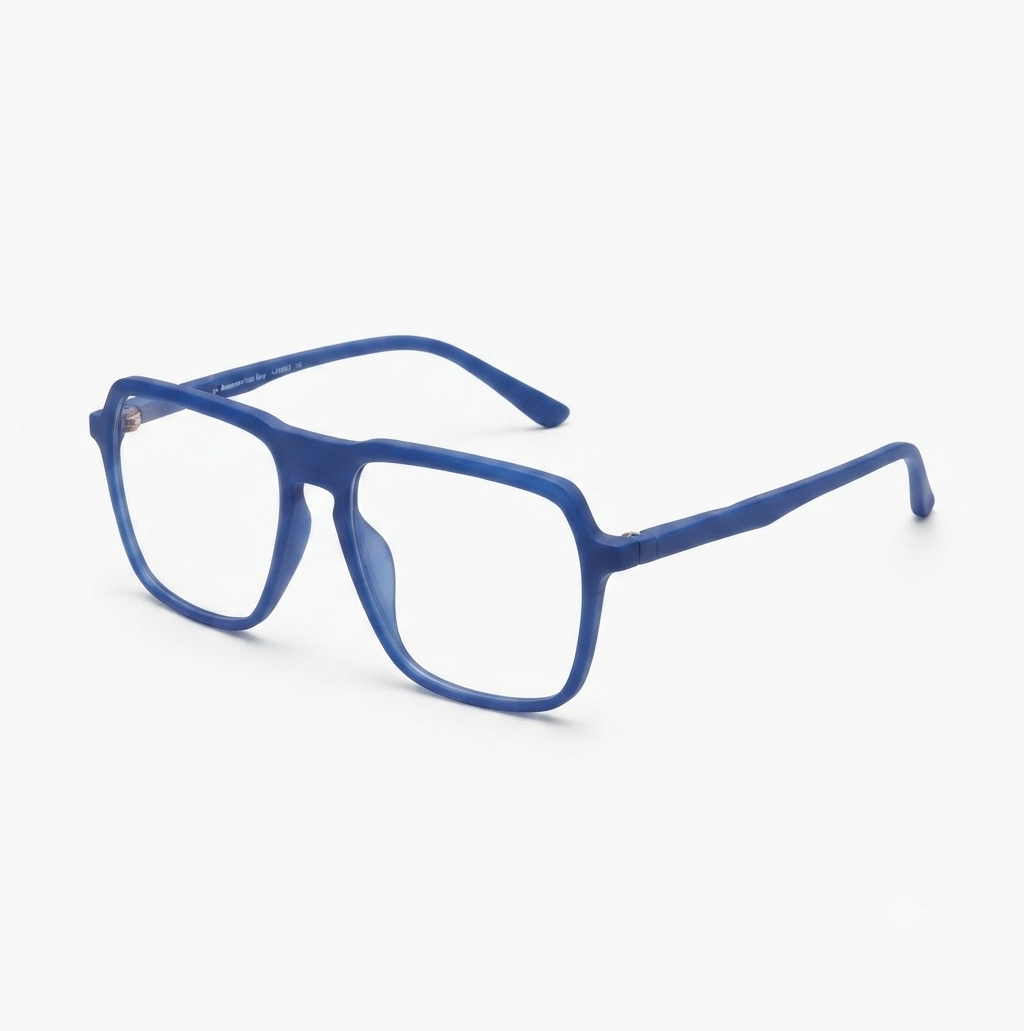 Front view of matte blue square eyeglasses on a white background.