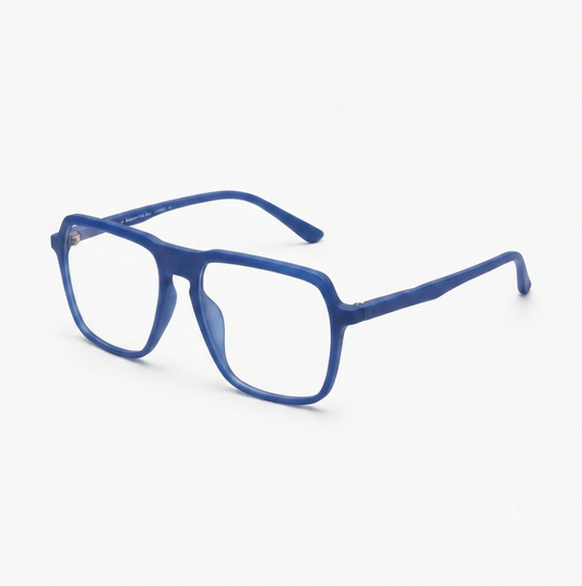 Front view of matte blue square eyeglasses on a white background.