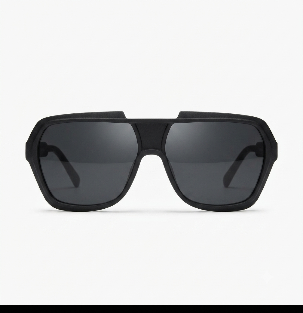Oversized matte black shield sunglasses displayed on a clean studio background with a modern fashion aesthetic.