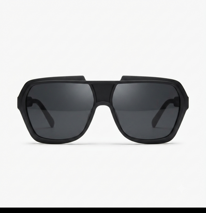 Oversized matte black shield sunglasses displayed on a clean studio background with a modern fashion aesthetic.