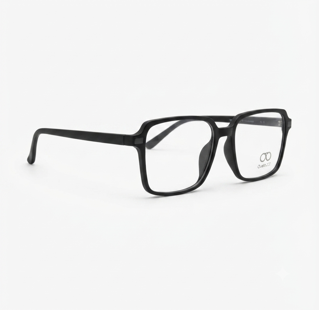 Front view of premium matte black square eyeglasses frame for men on a white background.