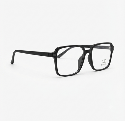 Front view of premium matte black square eyeglasses frame for men on a white background.