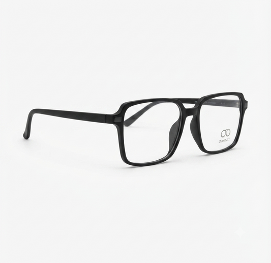 Front view of premium matte black square eyeglasses frame for men on a white background.