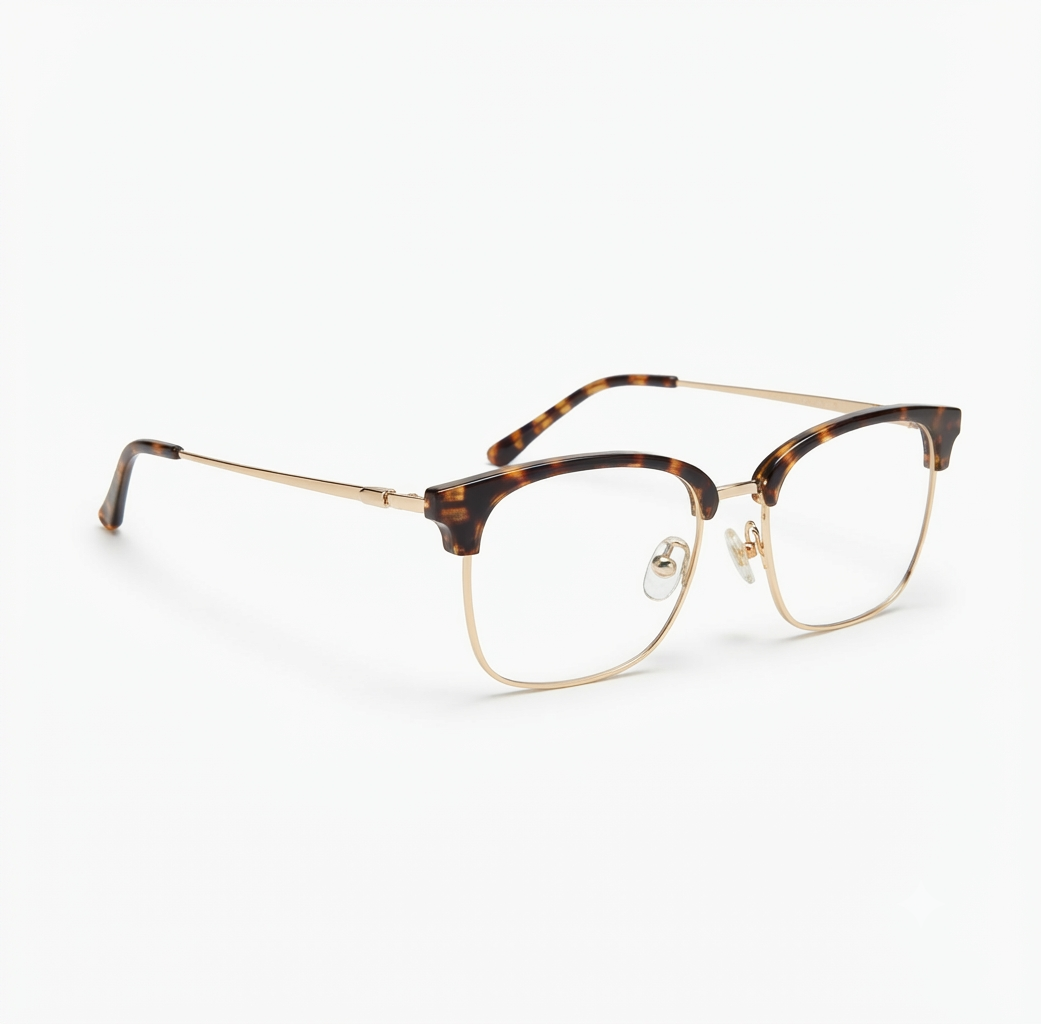 Front view of Club Masters eyeglasses with a tortoiseshell upper frame and gold metal rim.