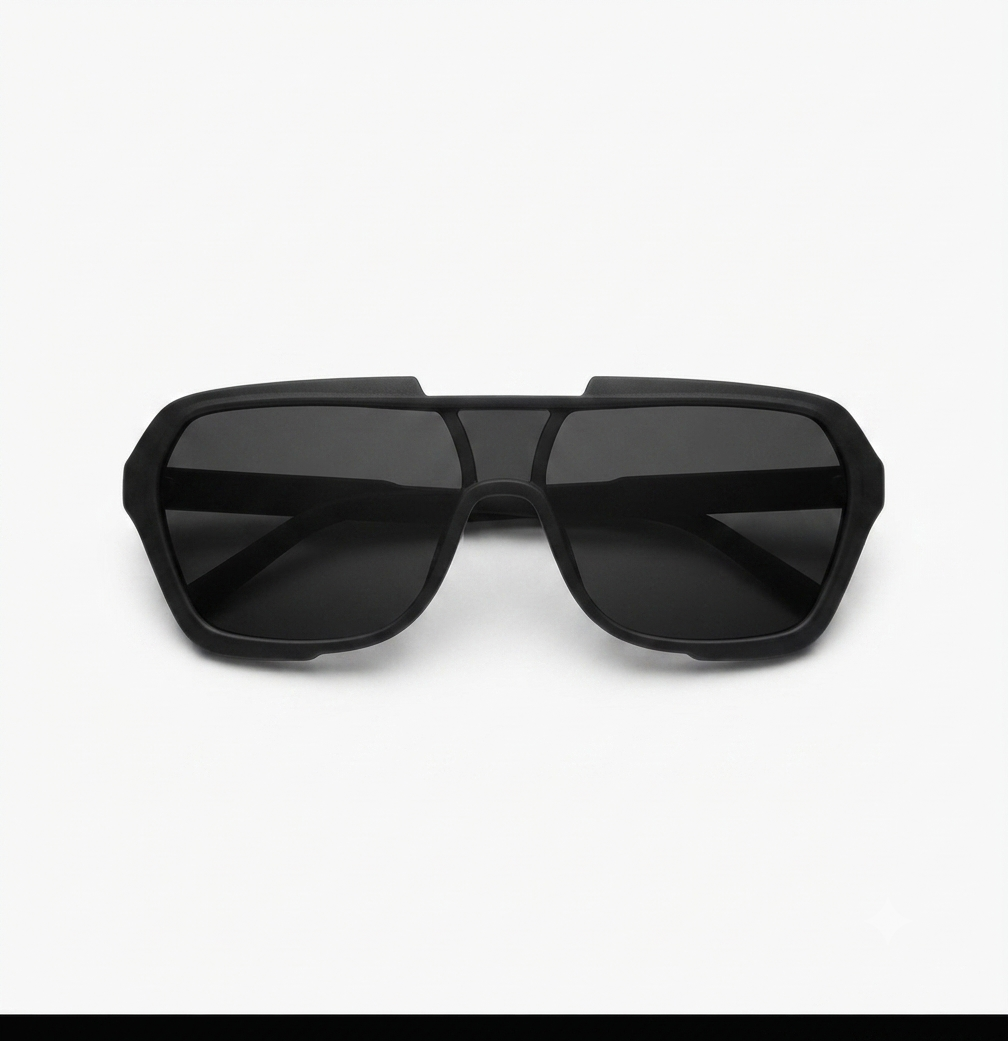 Angled view of stylish matte black shield sunglasses showcasing the oversized unisex frame.
