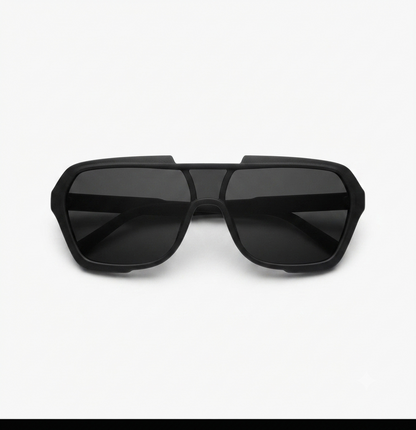 Angled view of stylish matte black shield sunglasses showcasing the oversized unisex frame.