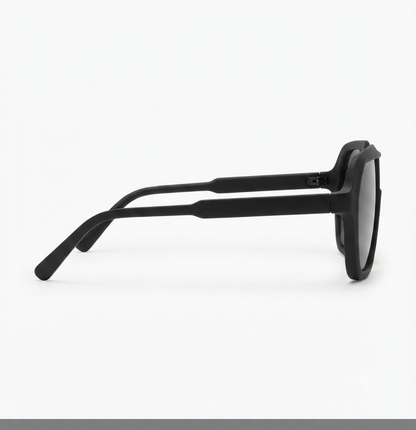 Side profile of premium matte black shield sunglasses highlighting the frame and temple design.