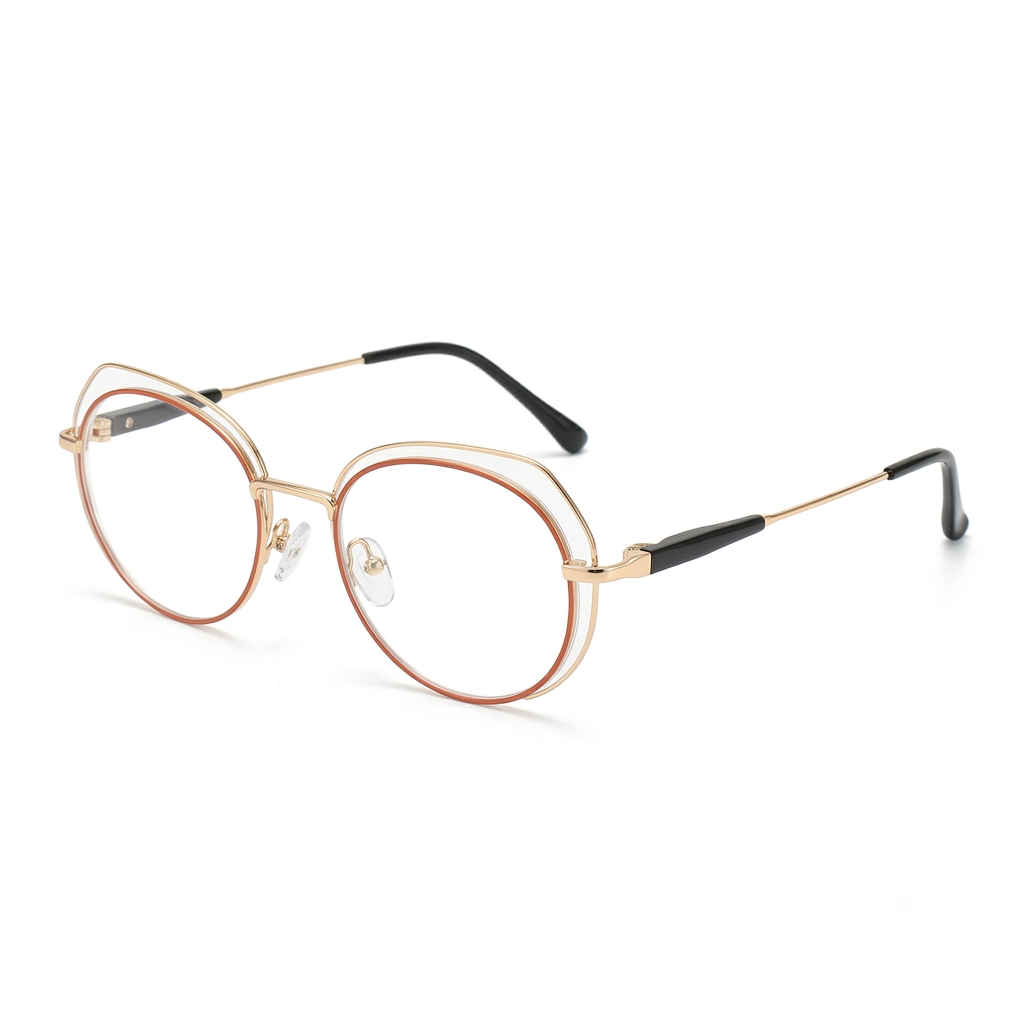 Elegant women's round rose gold optical frame with clear demo lenses on a white background.