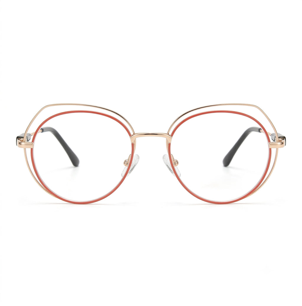 Front view of premium rose gold round metal glasses frame for women with a stylish double-rim design.