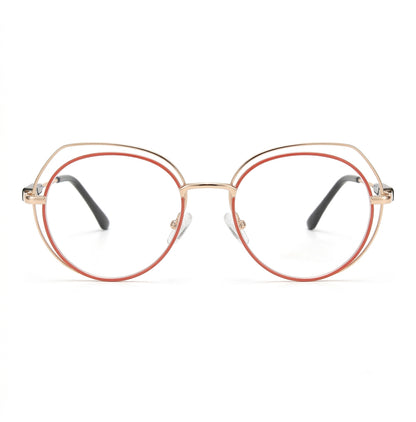 Front view of premium rose gold round metal glasses frame for women with a stylish double-rim design.