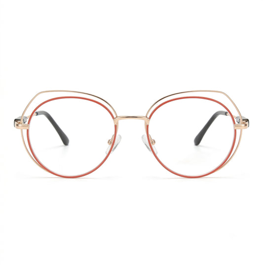 Front view of premium rose gold round metal glasses frame for women with a stylish double-rim design.