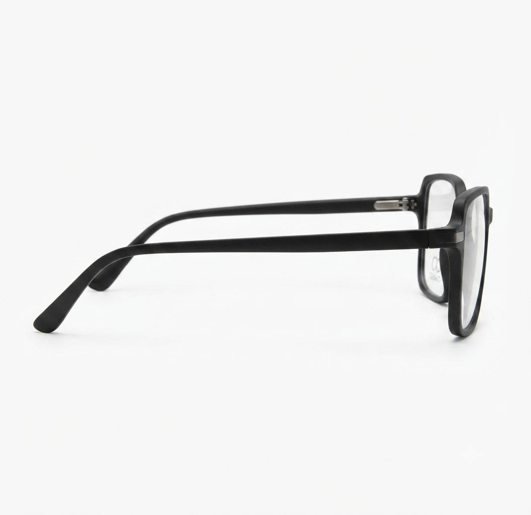 Side profile of premium matte black men's eyeglasses highlighting the temple design.