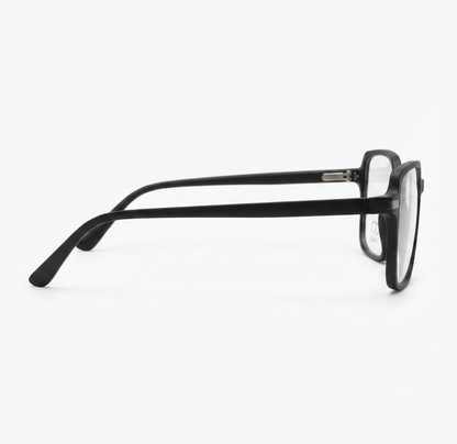 Side profile of premium matte black men's eyeglasses highlighting the temple design.