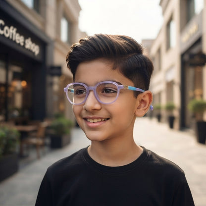 Stylish lavender frame with light blue temples for children ages 8-10.