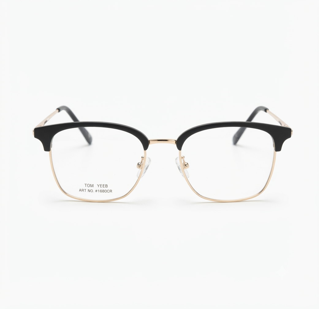 Close up of classic clubmaster style black and gold optical frame.
