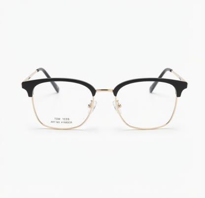 Close up of classic clubmaster style black and gold optical frame.