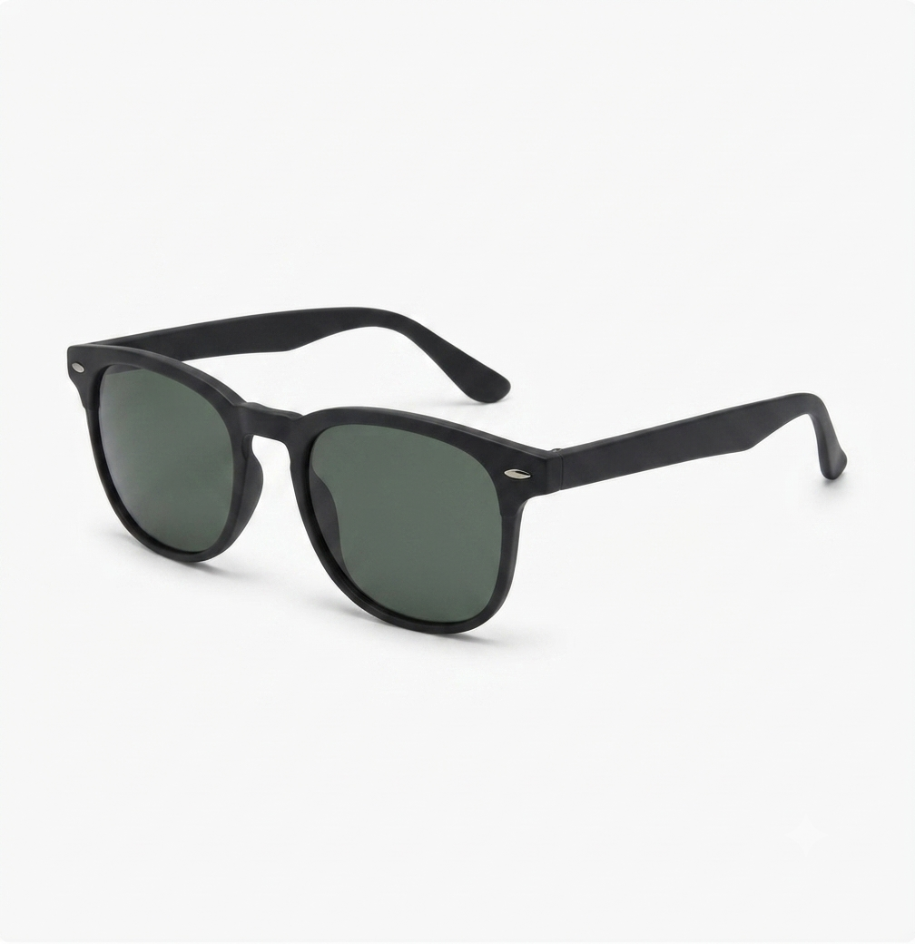 Matte black wayfarer sunglasses side profile showing lightweight frame design