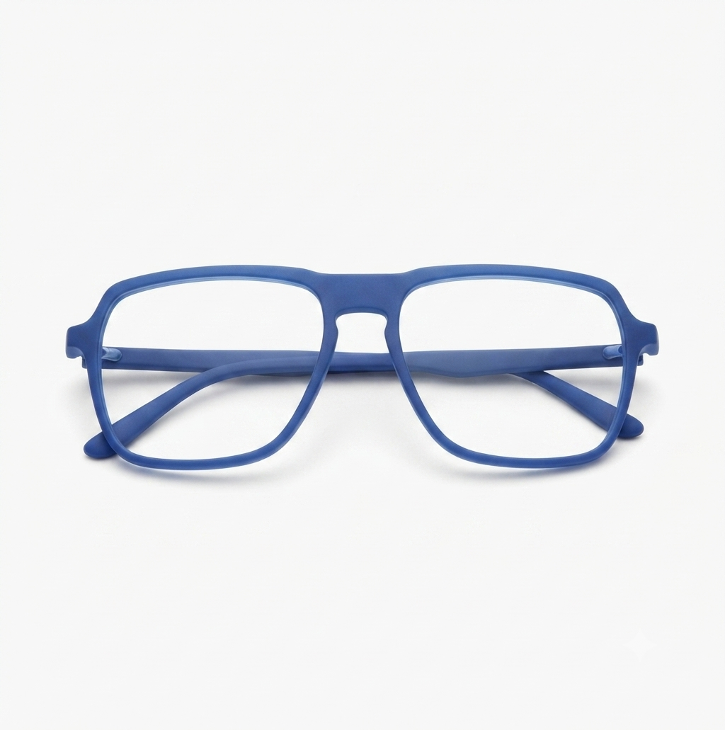 High-quality square glasses frame in a bold matte blue finish.