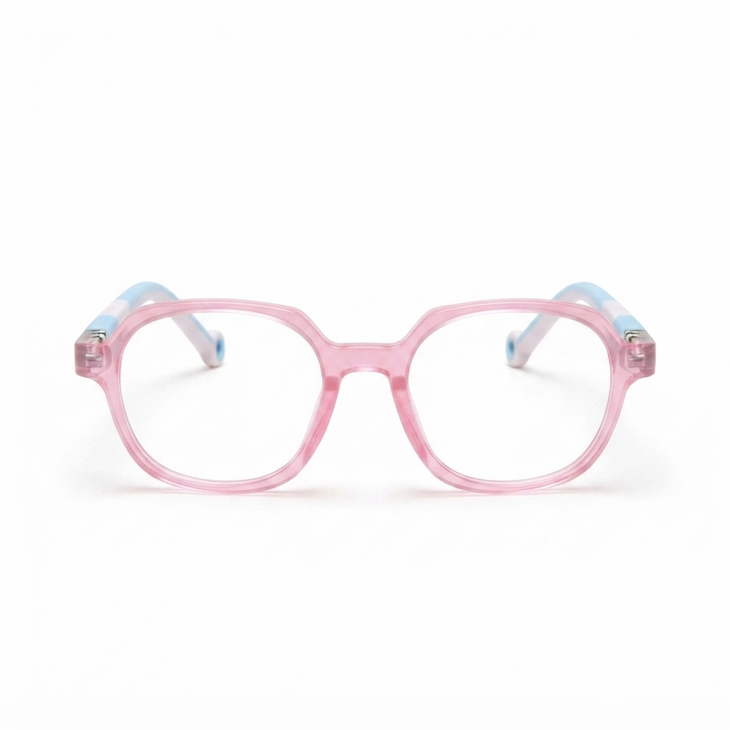 Stylish pink and blue optical frame for kids on a white background.