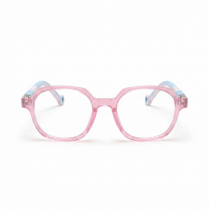 Stylish pink and blue optical frame for kids on a white background.