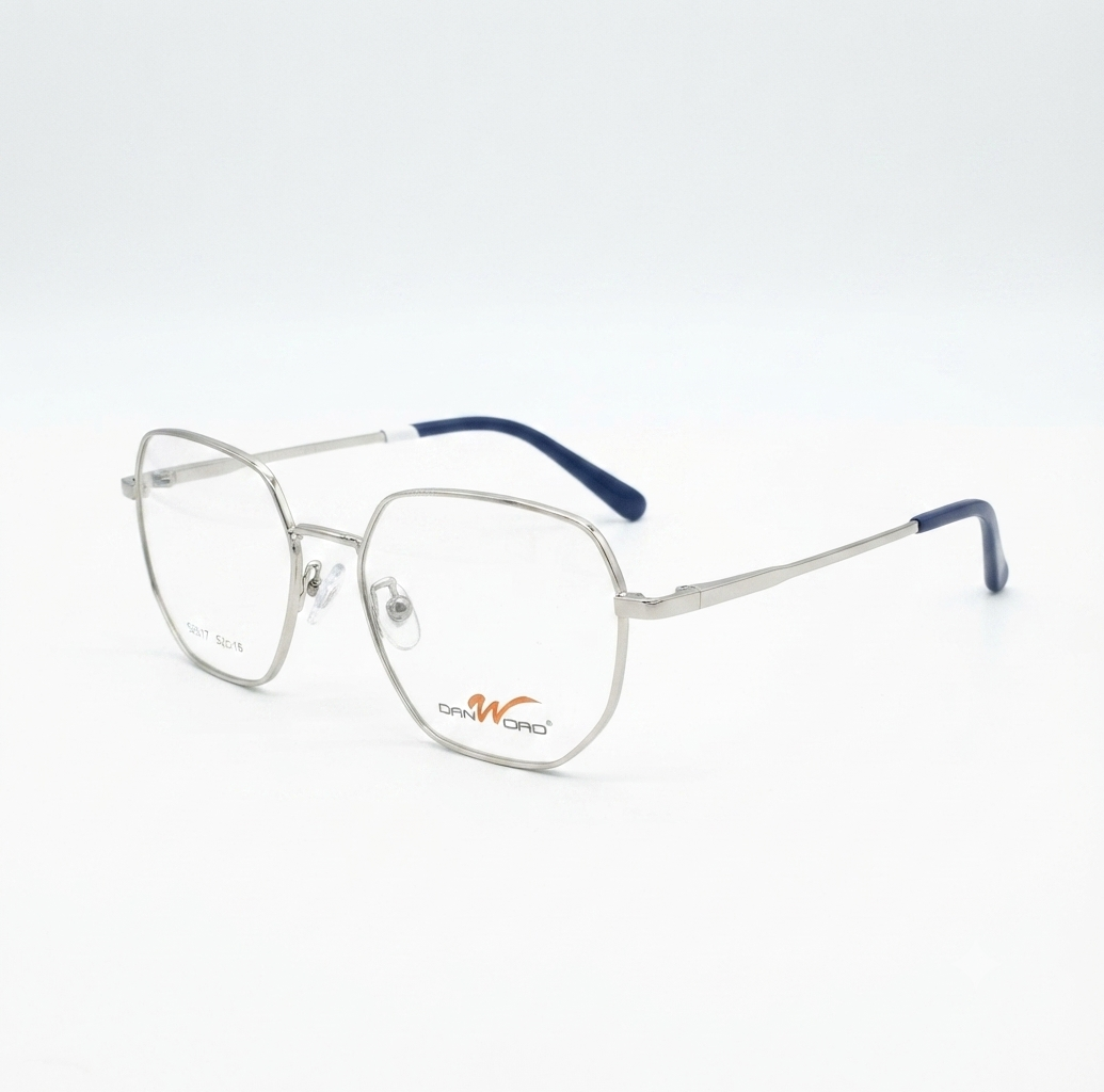 Front view of silver geometric metal eyeglasses on a white background.