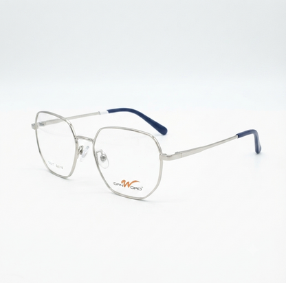 Front view of silver geometric metal eyeglasses on a white background.