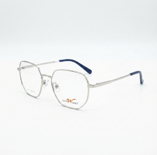 Front view of silver geometric metal eyeglasses on a white background.