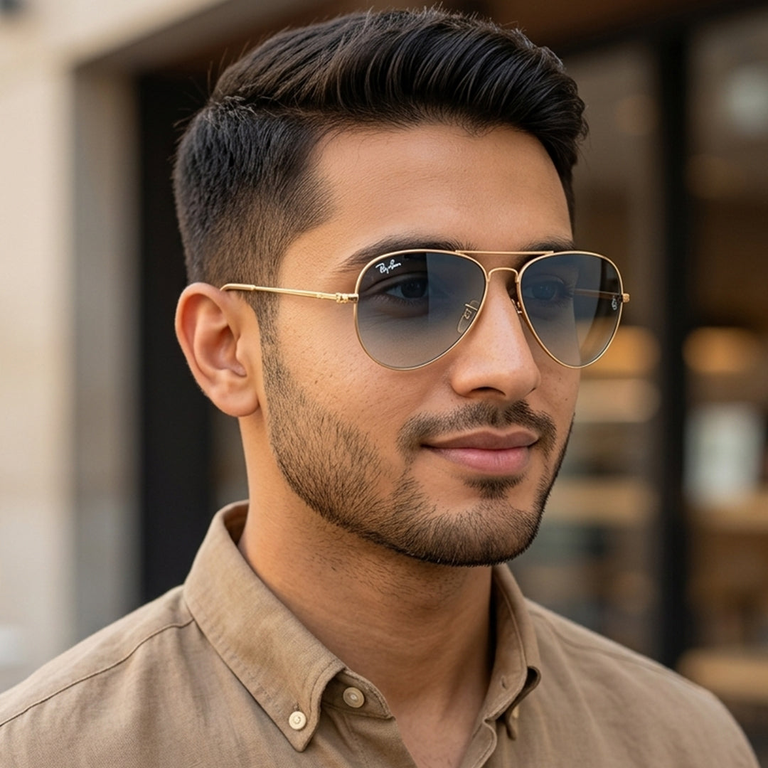 Ray-Ban Blue Gradient Aviator Sunglasses - Gold Frame for Men | Stylish UV Protection Eyewear Pakistan | Men Glasses