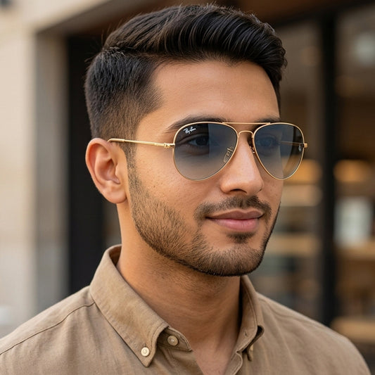 Ray-Ban Blue Gradient Aviator Sunglasses - Gold Frame for Men | Stylish UV Protection Eyewear Pakistan | Men Glasses