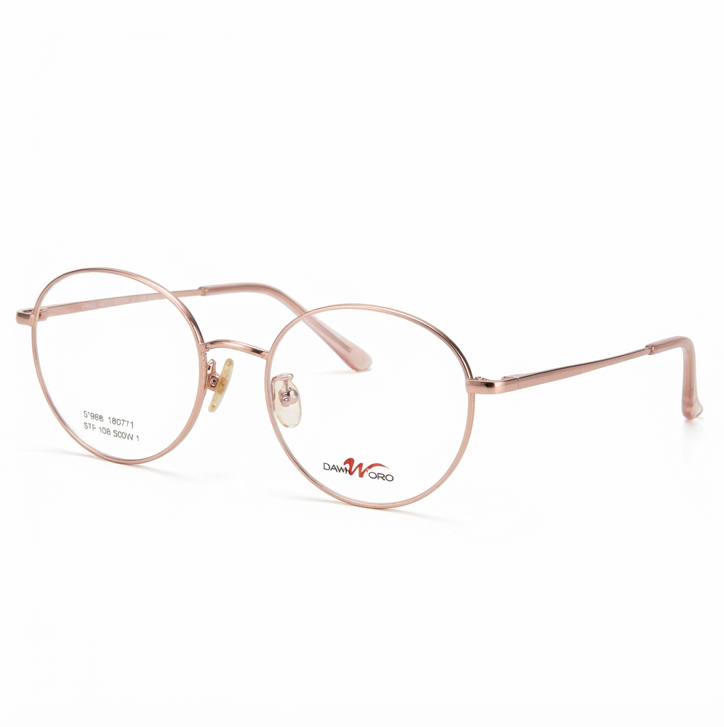 Front view of a rose gold round metal glasses frame with clear demo lenses on a white background.