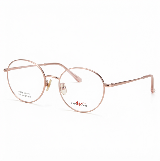 Front view of a rose gold round metal glasses frame with clear demo lenses on a white background.