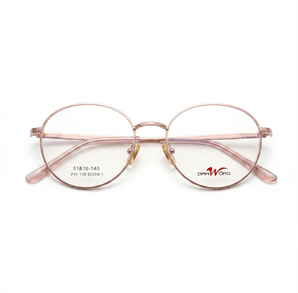 Three-quarter view of a rose gold round glasses frame showcasing the full-rim design.