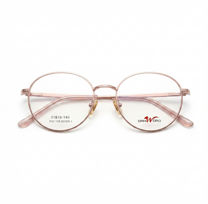 Three-quarter view of a rose gold round glasses frame showcasing the full-rim design.
