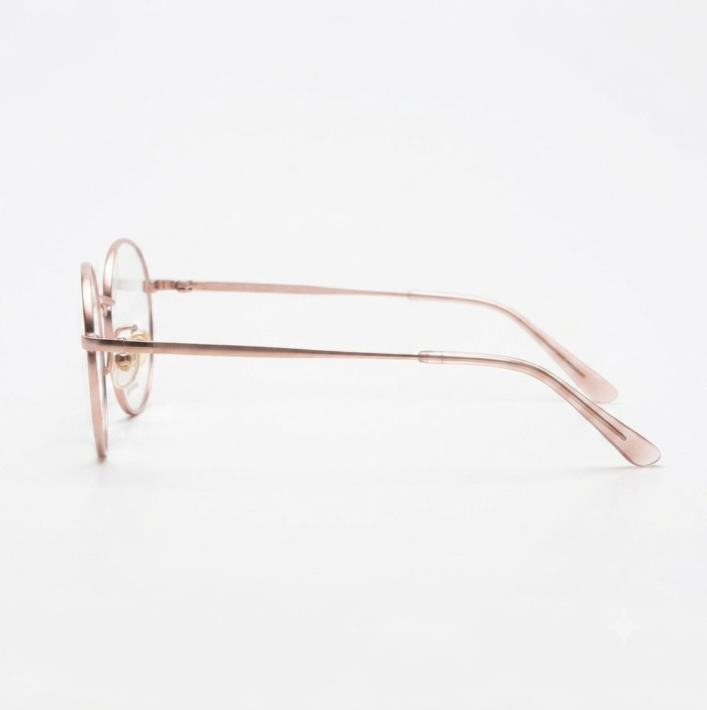 Side profile of a rose gold round optical frame highlighting its slim metal temples.
