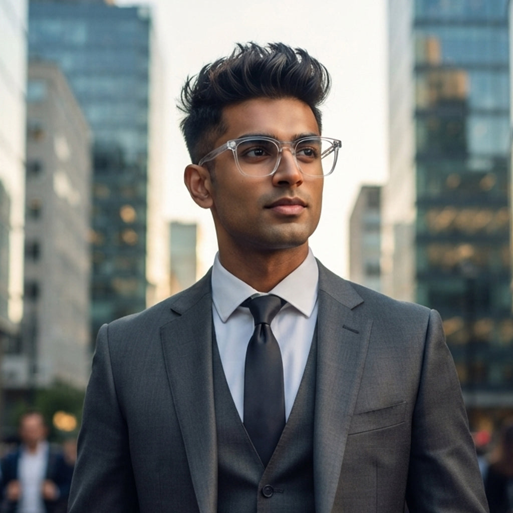 Professional studio shot of a unisex transparent square spectacle frame.