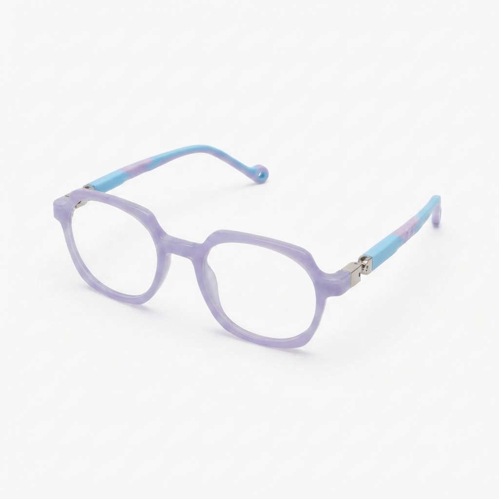 Durable lavender and blue kids glasses designed for school and daily wear.
