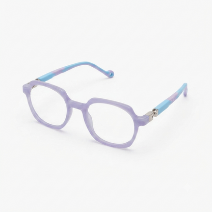 Durable lavender and blue kids glasses designed for school and daily wear.