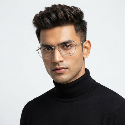 Stylish unisex silver geometric eyeglasses with a minimalist design.