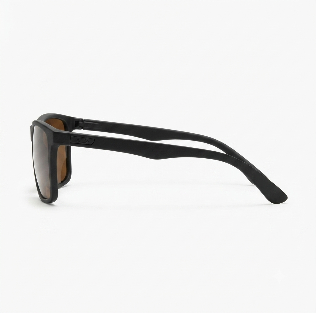 Three-quarter angle view of stylish brown square sunglasses.