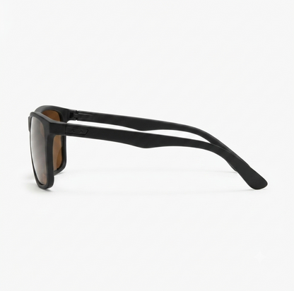 Three-quarter angle view of stylish brown square sunglasses.