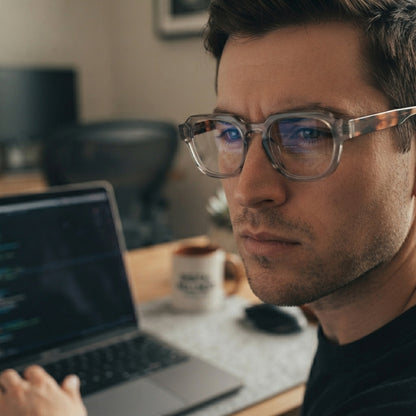 Stylish prescription-compatible transparent grey square spectacles for men and women.