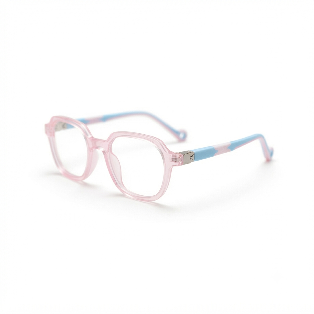 Front view of pink and blue prescription optical frame for children.