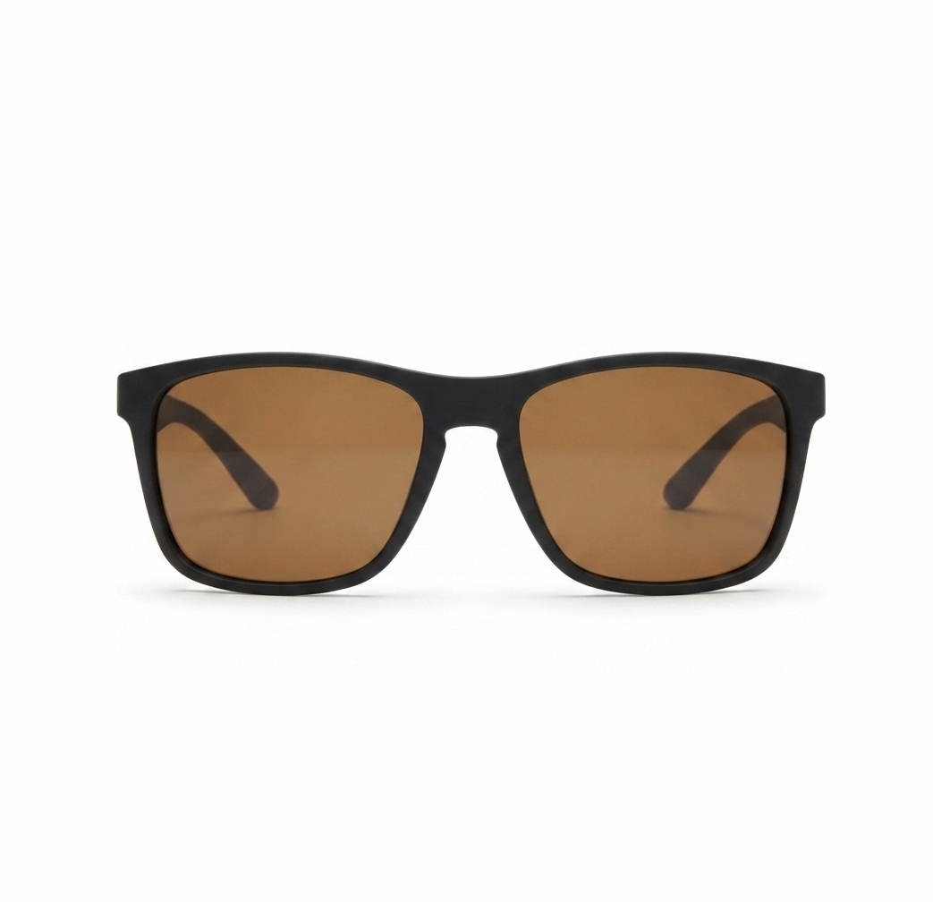 Front view of premium matte brown square sunglasses for men.
