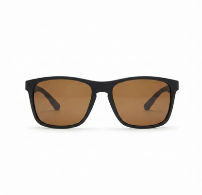 Front view of premium matte brown square sunglasses for men.