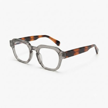 Side profile of transparent grey eyeglasses with brown tortoise temple arms.