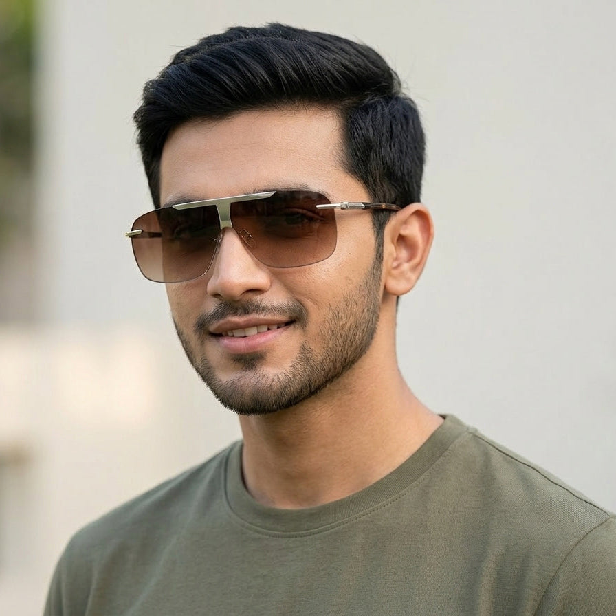 Brown Gradient Rimless Square Sunglasses for Men - Lightweight Fashion UV Protection Eyewear Pakistan | Men's Sun Glasses