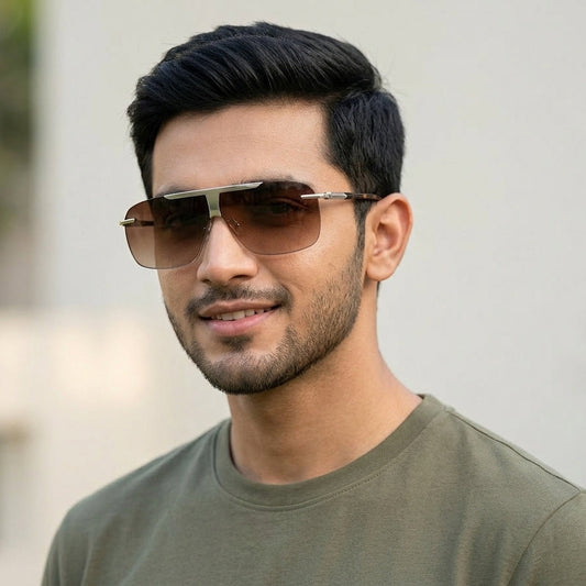 Brown Gradient Rimless Square Sunglasses for Men - Lightweight Fashion UV Protection Eyewear Pakistan | Men's Sun Glasses
