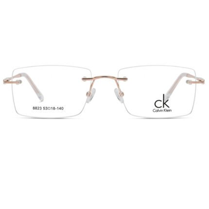 Rose gold rimless geometric glasses for men and women in Pakistan – lightweight premium eyewear.